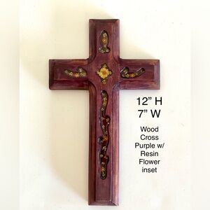 Purple Wood Cross with Resin Flower Inset